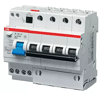 Автоматический выключатель дифференциального тока (АВДТ) ABB DS204, 10A, 30mA, тип A, кривая отключения C, 4 полюса, 6kA, электро-механического типа, ширина 8 модулей DIN