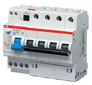 Автоматический выключатель дифференциального тока (АВДТ) ABB DS204, 10A, 30mA, тип A, кривая отключения B, 4 полюса, 6kA, электро-механического типа, ширина 8 модулей DIN