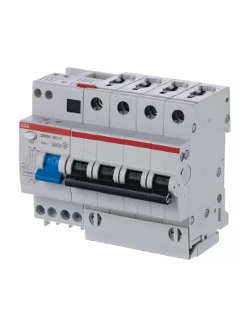 Автоматический выключатель дифференциального тока (АВДТ) ABB DS204, 50A, 30mA, тип AC, кривая отключения B, 4 полюса, 6kA, электро-механического типа, ширина 8 модулей DIN